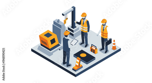 Isometric illustration of a diligent construction team planning and executing an industrial building project, showcasing efficient teamwork, strategic management, and crucial site safety