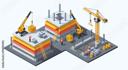 Construction site with cranes, workers, and building in progress, industrial development and engineering concepts
