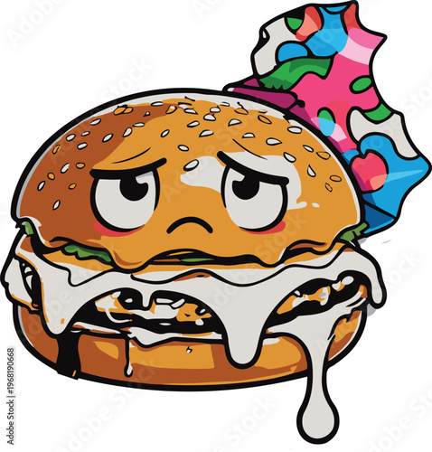 melting burger with sad face, messy cartoon sticker