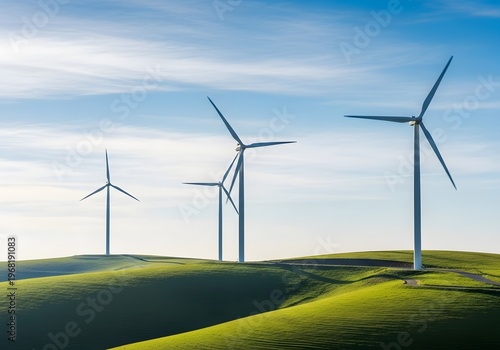 Modern wind turbines majestically stand on lush green rolling hills under a bright blue sky generating clean renewable energy