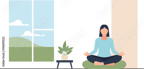 Woman practicing yoga and meditation in a tranquil room with a window overlooking a serene landscape, promoting well-being and inner peace for a balanced lifestyle