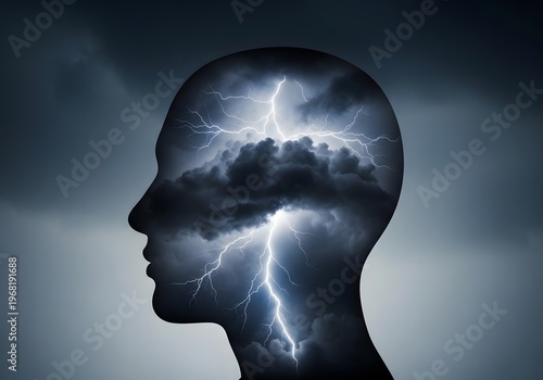 Conceptual abstract of a human head profile filled with a powerful lightning storm symbolizing inner turmoil or brilliant ideas