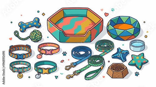 Colorful dog accessories and toys.