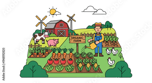 Vibrant illustration showcasing a thriving organic farm with a dedicated farmer tending to various crops livestock and renewable energy windmills