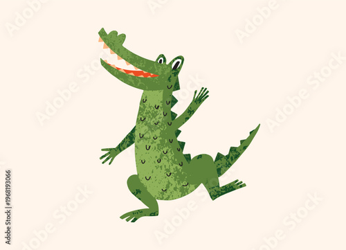 Funny Crocodile dancing and waving, cute wild reptile character isolated on beige background. Childish flat vector illustration for children, print, poster and card