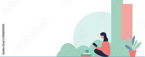 Young woman embracing a serene and mindful lifestyle, finding relaxation and knowledge in a cozy, modern home setting with her favorite book