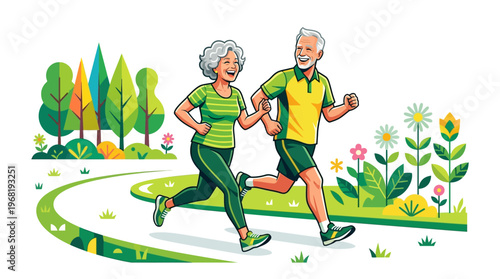 Senior couple running together outdoors.