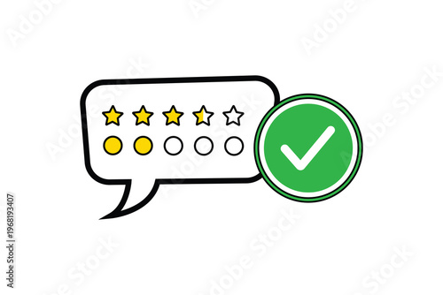 Illustration of a speech bubble with five yellow stars and a green checkmark, symbolizing positive reviews and approval.