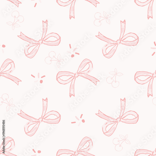 Seamless pink ribbon bow pattern with cherries hand drawn sketch style on soft pastel background cute feminine repeating design for textile wallpaper wrapping paper.
