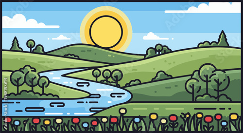 Sunny day in a picturesque valley with rolling hills, a winding river, and colorful flowers