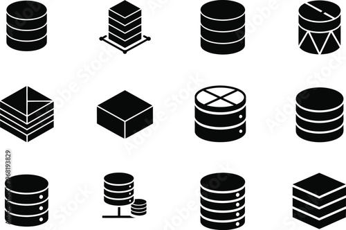 Isometric database icons set a collection of black and white data storage representations