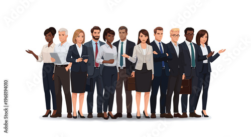 A diverse group of business professionals including Black, Hispanic, and Latino individuals standing together, suitable for corporate teamwork presentations and company marketing.