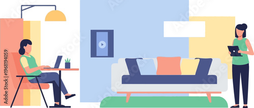 Modern remote work lifestyle illustration a woman diligently working on her laptop in a cozy home office, while a colleague reviews notes nearby