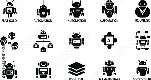 Collection of diverse robot icons in black silhouette style representing artificial intelligence and automation