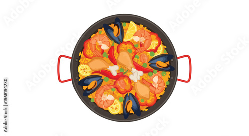 A delightful illustration of classic Spanish paella, showcasing plump shrimp, tender chicken, fresh mussels, and colorful vegetables on golden
