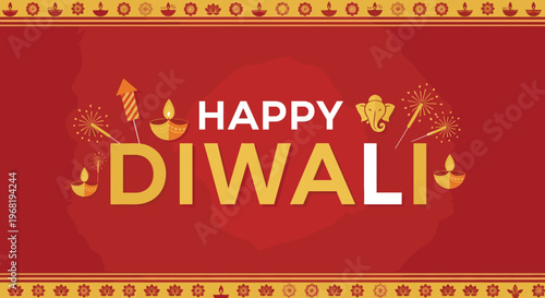 Vibrant Happy Diwali greeting featuring traditional diyas, sparkling firecrackers, and a Ganesha motif ideal for cultural event invitations and seasonal promotions