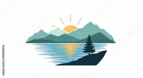 Stylized serene mountain lake landscape with sunrise reflecting on water