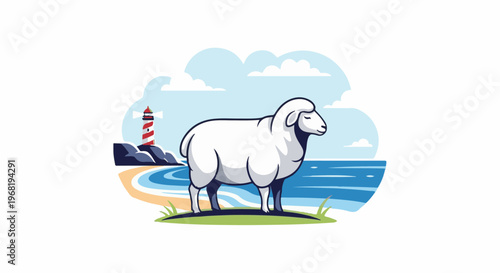 Stylized sheep stands on grassy shore near striped lighthouse and ocean