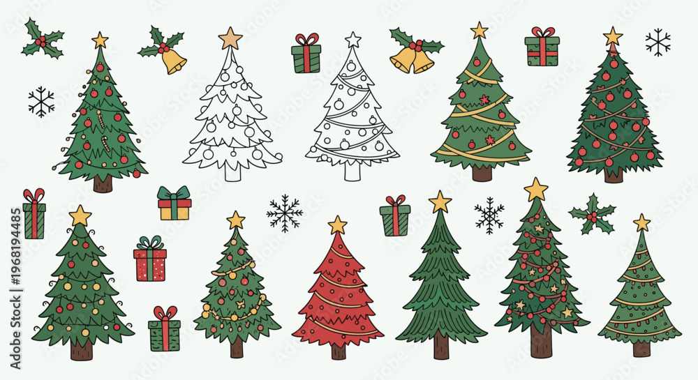 Fototapeta premium A collection of doodle style Christmas trees and festive holiday decorations perfect for seasonal graphic projects and winter celebration designs