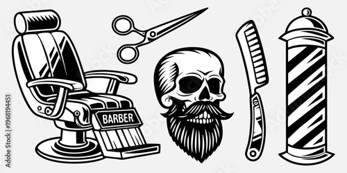 Create a high-contrast, black and white vintage tattoo-style illustration featuring traditional barbershop elements. Include a classic barber chair, straight razors, scissors, a shaving brush, a clipp