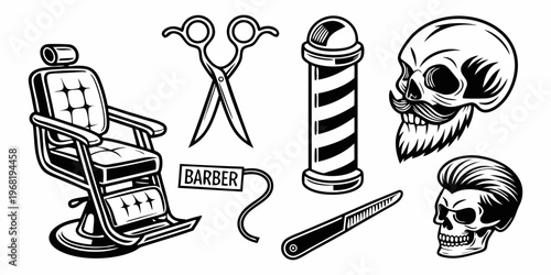 Create a high-contrast, black and white vintage tattoo-style illustration featuring traditional barbershop elements. Include a classic barber chair, straight razors, scissors, a shaving brush, a clipp