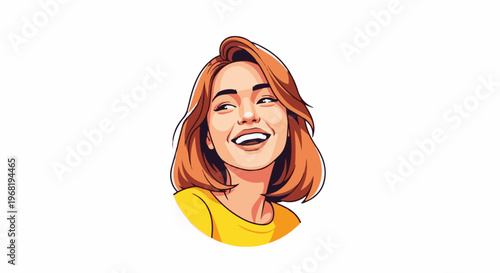 Stylized portrait of a joyful young woman with short, orange hair, smiling brightly