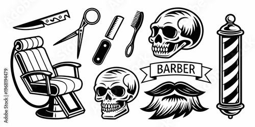 Create a high-contrast, black and white vintage tattoo-style illustration featuring traditional barbershop elements. Include a classic barber chair, straight razors, scissors, a shaving brush, a clipp