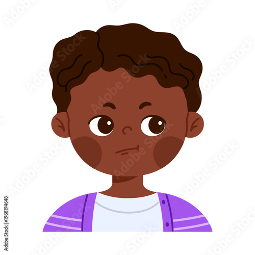 Сute black boy character showing uncertainty, hesitation or thinking mood. Emotional facial expression concept. Kid apps and emotion education concept. Isolated vector illustration