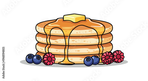 Sweet morning delight featuring fluffy stacked pancakes with melting butter, generous syrup, and fresh berries, an inviting breakfast spread artwork