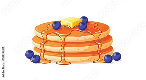 Illustrated stack of golden pancakes drenched in glistening syrup adorned with melting butter and fresh blueberries for a delectable breakfast scene