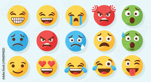 A vibrant collection of expressive emoji faces depicting a wide range of human emotions for social media, digital communication, and psychological concepts.