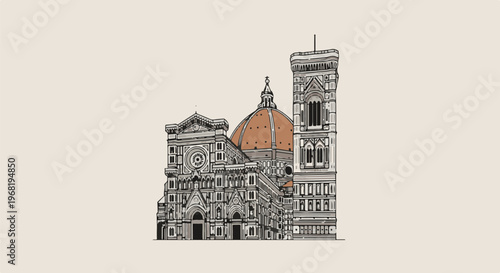 Stylized line art illustration of a grand domed cathedral with a tall campanile