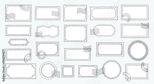 Collection of blank postage stamp frames with cancellation marks in various shapes perfect for graphic resource, travel theme content, or communication projects