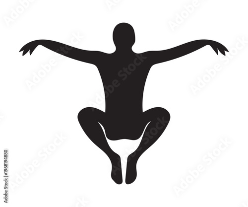 Black silhouette of a person in a dynamic jumping pose with arms outstretched white human