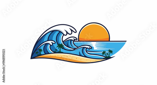 Stylized tropical beach scene with ocean waves and sun