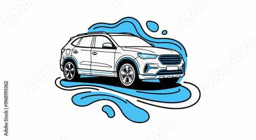 Stylized illustration of a white SUV surrounded by blue liquid splashes