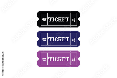 Three colorful digital tickets with the word 'TICKET' and seat number '1' on a white background, perfect for events and concerts.