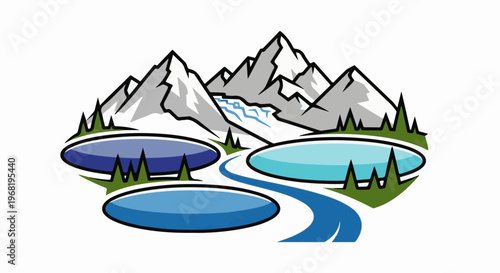 Stylized mountains with snow, a waterfall, trees, and three pristine lakes