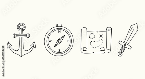Simple outline icons representing pirate adventure tools like an anchor, compass, treasure map, and sword, perfect for childrens game development, educational content, or themed event