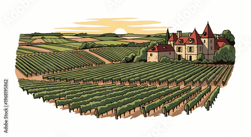 Sunrise over a picturesque vineyard estate with rolling hills and a chateau