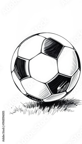 Black and white sketch of a soccer ball, classic sport drawing style,  ball,  black