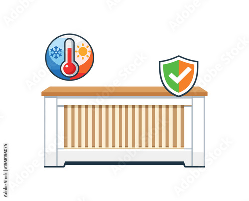 Radiator cover with temperature and safety shield icons. radiator guard, heater cover, heat protection, temperature control, child proofing, safe heating, thermal safety. flat vector illustration.