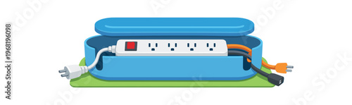 Power strip in cable organizer box. surge protector, extension lead, cords, plug storage, tidy cables, switch, outlet, travel case. flat vector illustration isolated on white background.