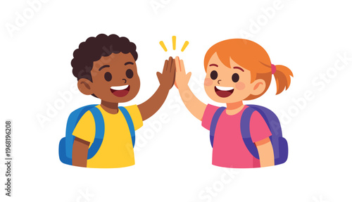 Two children high-fiving each other wearing school backpacks, friendship, teamwork, happy kids returning to class. flat vector illustration isolated on white background.