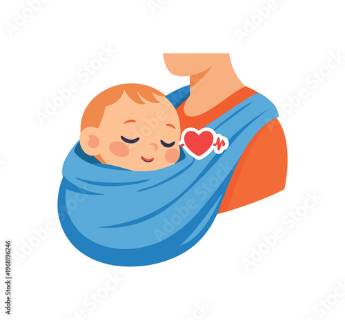 Baby sleeping in baby sling on caregiver chest. babywearing, close contact, bonding, wrap carrier, skin-to-skin comfort, secure hold. flat vector illustration isolated on white background.