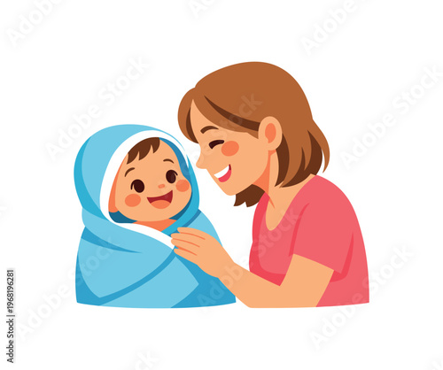 Mother wrapping baby in hooded blanket and smiling, cozy swaddle and maternal bonding, happy infant care. flat vector illustration isolated on white background.