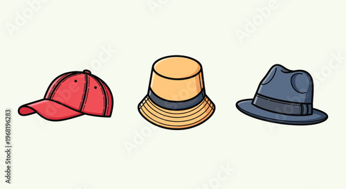 Various headwear including a red baseball cap, a yellow bucket hat, and a blue fedora are ready for summer activities or casual daily wear accessories