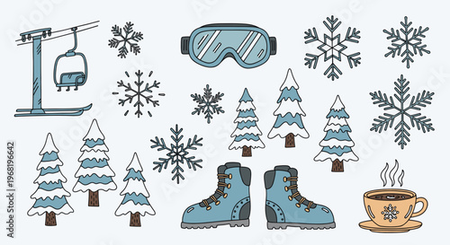 Hand drawn winter sports and snowy landscape elements including a ski lift, goggles, evergreen trees, snow boots, various snowflakes, and a steaming hot drink for seasonal marketing and