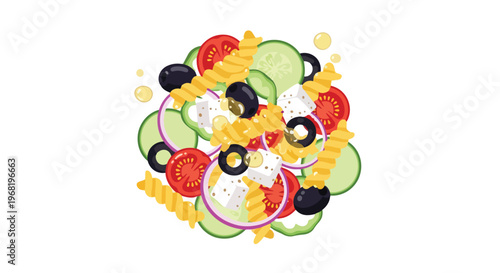 Vibrant Mediterranean pasta salad with crisp vegetables, feta, olives, and fusilli pasta, a healthy meal