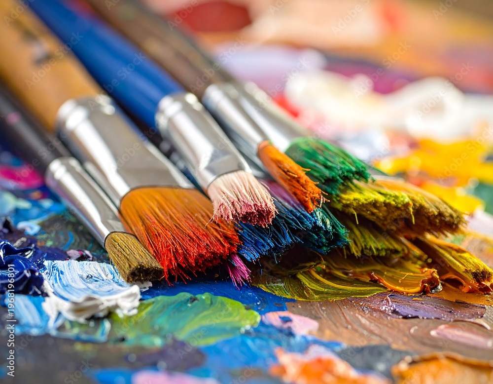 Obraz premium Close-up of paintbrushes atop a vibrant artist's palette, covered with dried and fresh paint in numerous colors